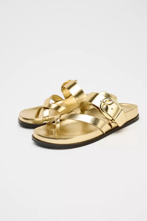 METALLIC CROSSOVER STRAP SANDALS | Zara US