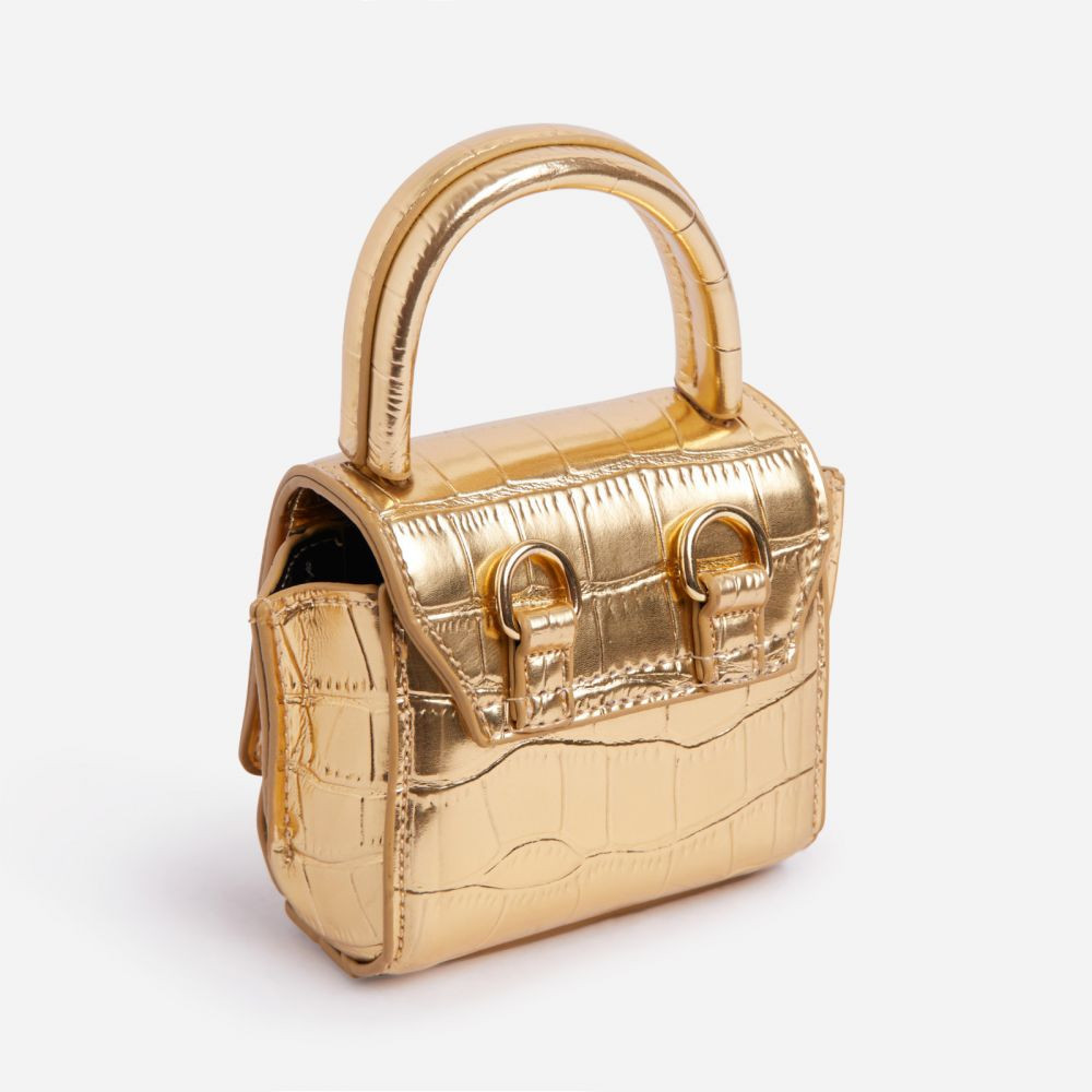 Citie Cross Body Mini Grab Bag In Gold Croc Print Metallic Faux Leather | EGO Shoes (US & Canada)