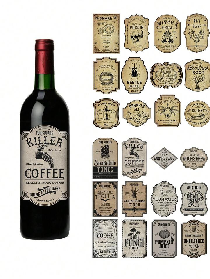 24 pezzi 24 Stili Etichette per bottiglie di vino vintage di Ognissanti, decorazioni per bottigli... | SHEIN