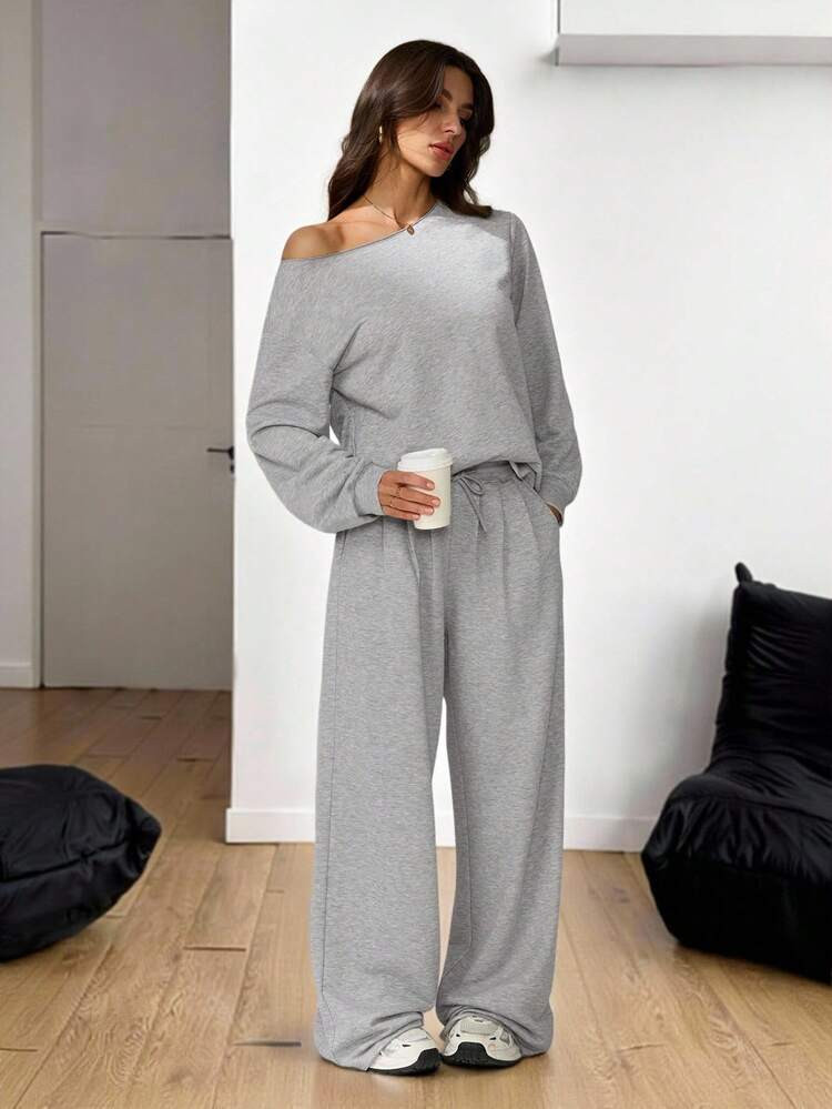 SHEIN Tall Women's Fall/Summer And Summer All-Season Streetwear Going Out Off Shoulder Long Sleeve Grey Sweatshirt And Elastic Waistband High Waisted Grey Pants Two Pieces Outfits Two Pieces Set Women Comfy Comfortable Two Pieces Set | SHEIN