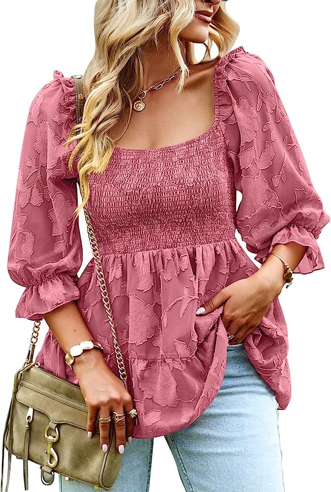 ANRABESS Women’s Square Neck Smocked Babydoll Tops Long Puff Sleeve Lace Blouse Floral Textured... | Amazon (US)