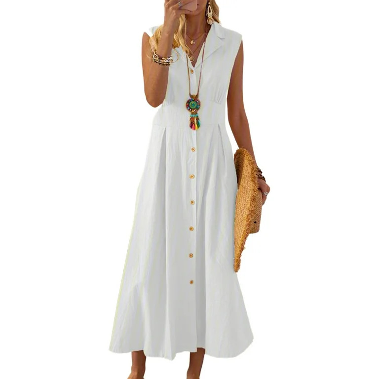 TheFound Summer Dresses for Women Loose Cotton Turn-Down Top Shirt Dress Ladies Knee Midi Sundres... | Walmart (US)