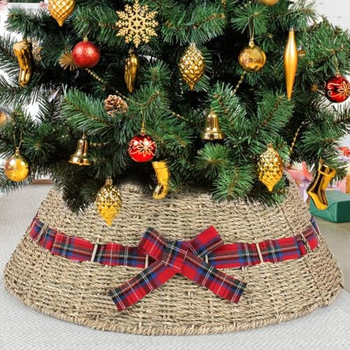 Christmas Tree Collar, 24'' Christmas Tree Collars for Artificial Trees, Seagrass Tree Skirt Collar, Woven Wicker Tree Collar with Cord Cut Out, Christmas Tree Base Cover for Home Decoration, Natural | Amazon (US)