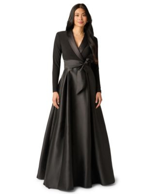 Adrianna Papell Women's Tuxedo Combo Fit and Flare Long-Sleeve Shawl Collar Satin Gown - Black | Macy's