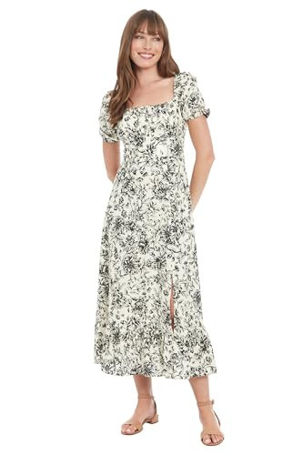 London Times Women's Dresses Square Neck Smocked Back Linen Blend Flattering Versatile Spring Summer Garden Party Dress, Ivory/Black, 6 | Amazon (US)