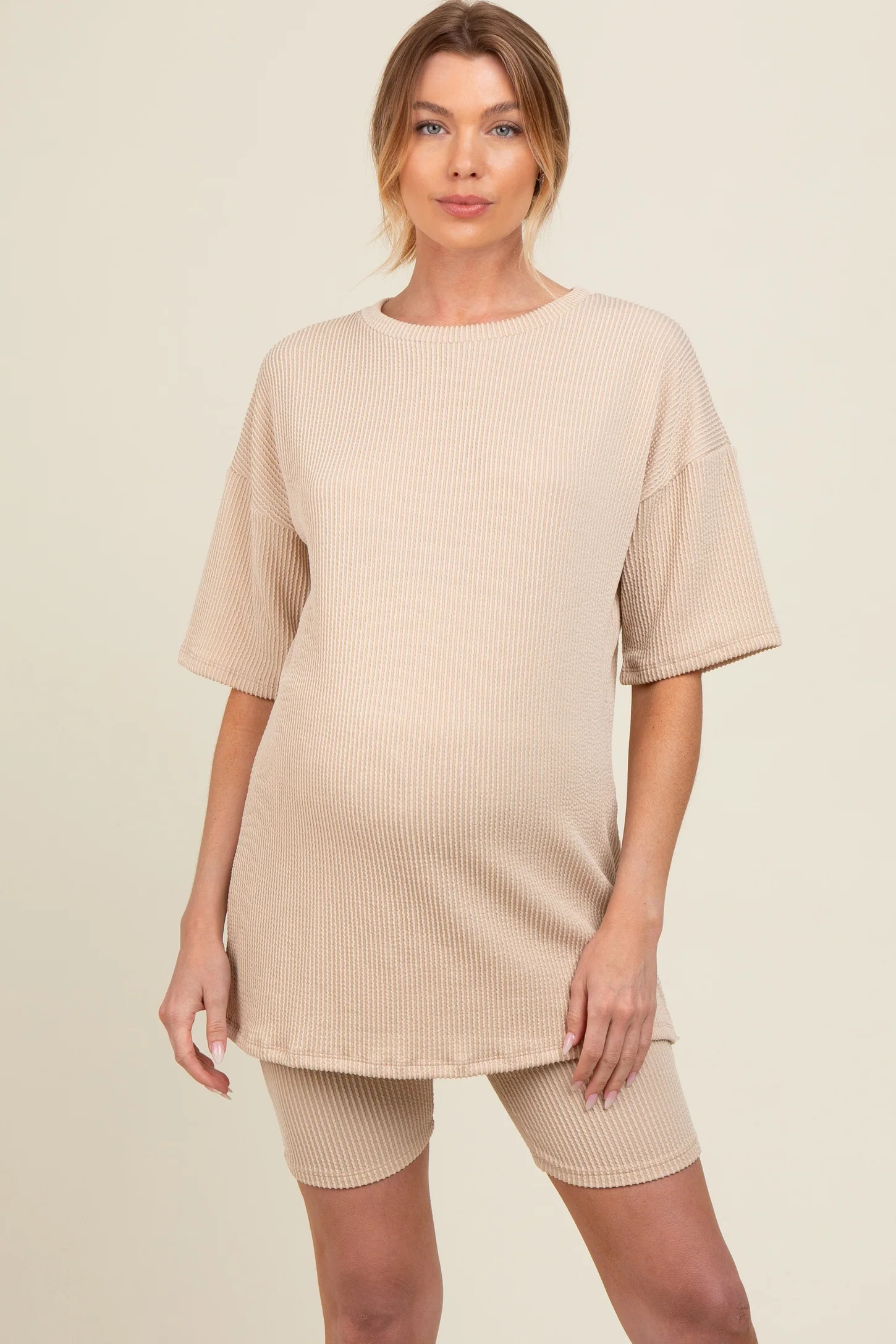 Beige Ribbed Maternity Biker Shorts Set | PinkBlush Maternity