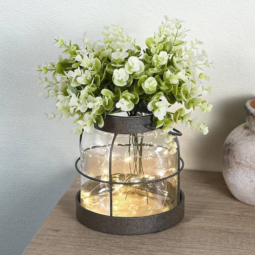 Dnnnii Vintage Glass Farmhouse Vase - Handmade Rustic Lantern Planter with Bonus Artificial Flowe... | Amazon (US)