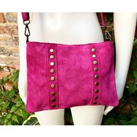 Cross Body Bag. Boho Suede Leather Bag in Fuchsia Pink With Bronze Tacks. Messenger Genuine Leather. Hot Pink Crossbody | Etsy (US)