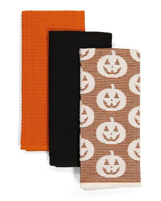 Set Of 3 Smiling Jack O&#39; Lantern Jacquard Kitchen Towels | TJ Maxx