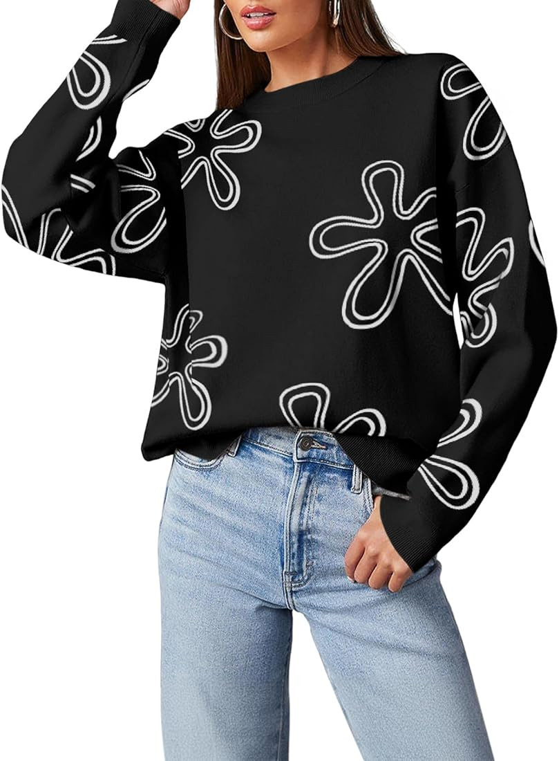 Dokotoo Sweaters for Women Casual Crewneck Long Sleeve Floral Print Cable Knit Pullover Sweater T... | Amazon (US)