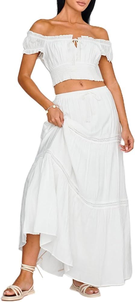 Womens 2 Piece Skirt Outfits Short Sleeve Off Shoulder Crop Tops and Flowy Long Skirt Summer Boho... | Amazon (US)