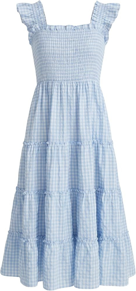 Ladyful Smocked Dress for Women Flutter Sleeve Striped Gingham Midi Dress Summer Square Neck Flow... | Amazon (US)
