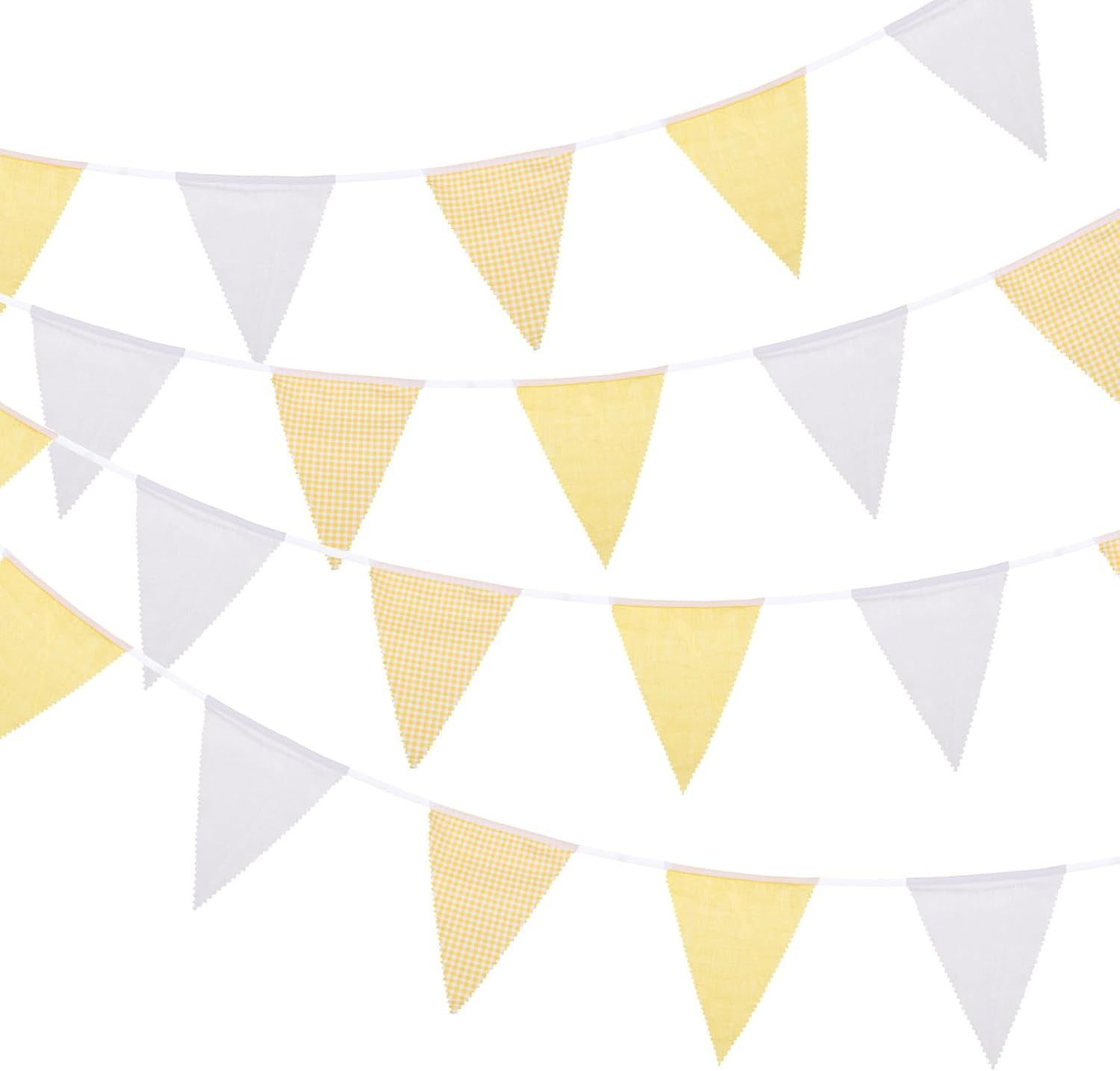 MECCANIXITY 33ft Yellow White Plaid Checkered Pennant Banner, 36 PCS Triangle Flags Fabric Bunting Banner for Birthday Wedding Outdoor Garden Decor | Amazon (US)