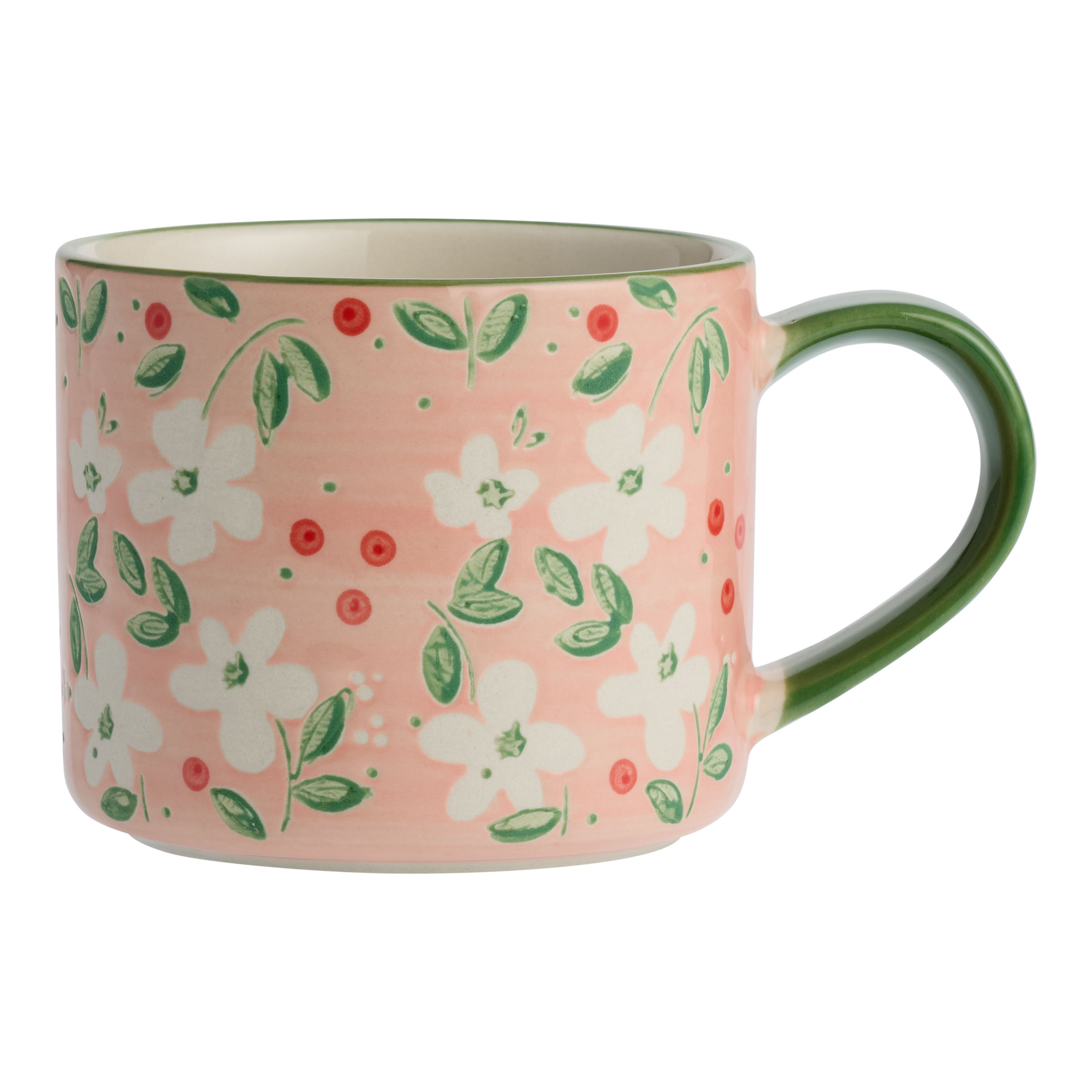 Pink and Green Floral Wax Resist Hand Painted Ceramic Mug | World Market