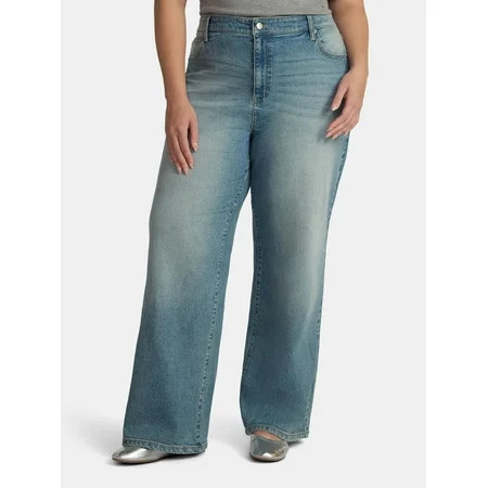 No Boundaries High Rise Baggy Wide Leg Jeans, 32'' Inseam, Women’s and Women's Plus | Walmart (US)