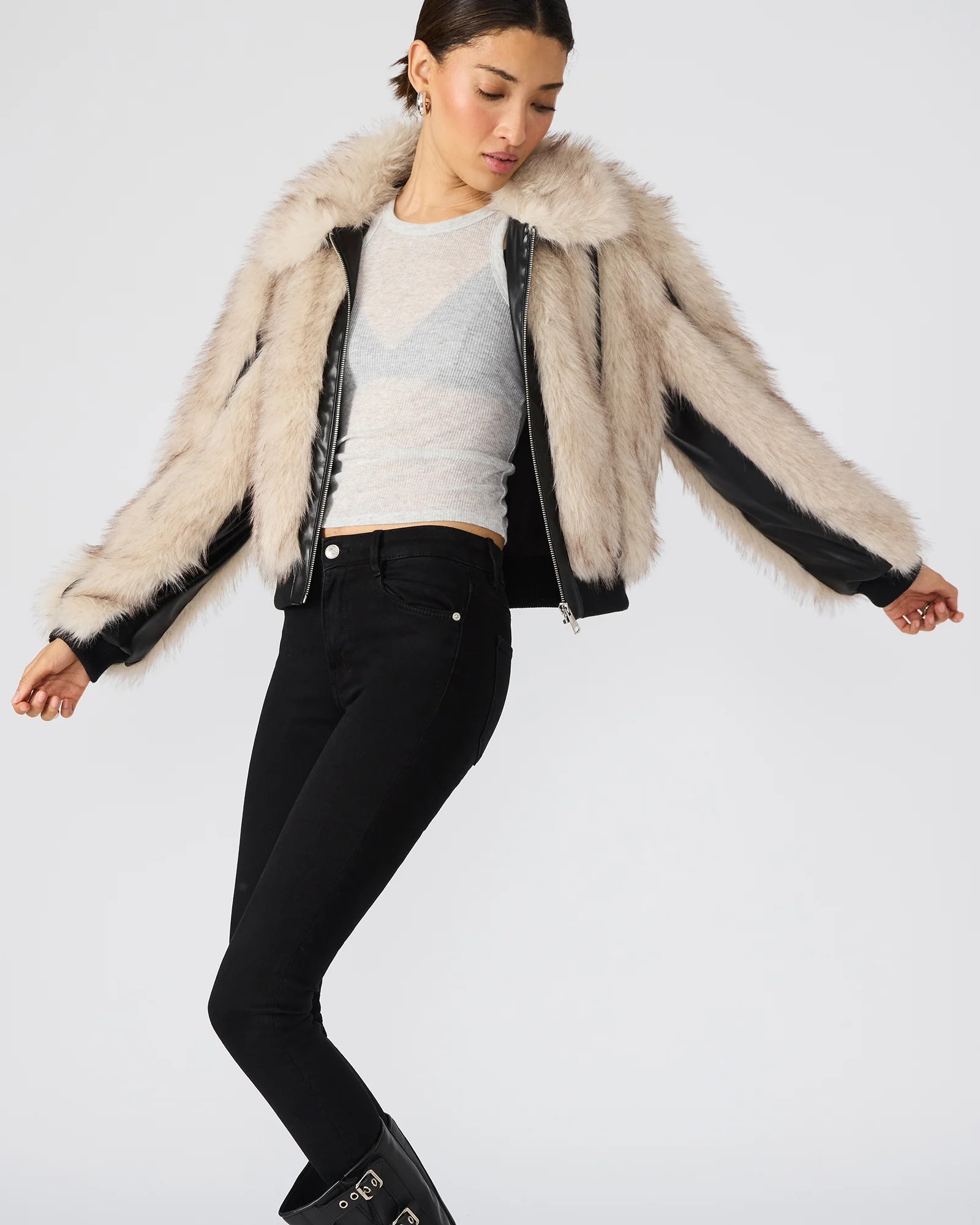 CHARMAINE Natural Faux Fur Long-Sleeved Faux Leather Women's Jacket | Steve Madden (US)