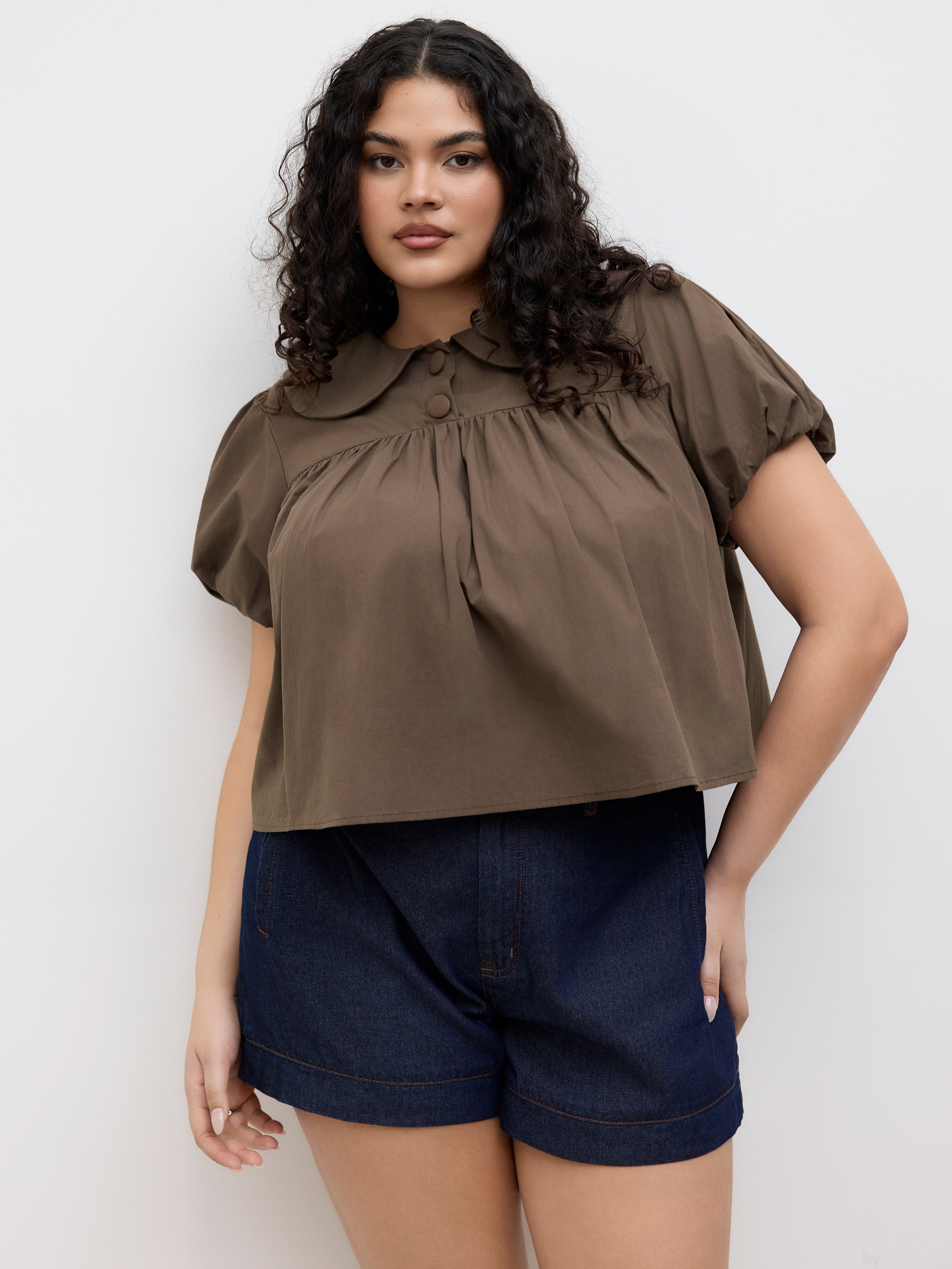 Woven 100% Cotton Peter Pan Collar Ruched Puff Sleeve Blouse Curve & Plus For Daily Casual | Cider