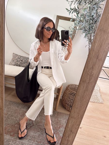 Today’s outfit from May’s capsule wardrobe 
Went up a size in the jeans (24) and cut the hem 
Tank runs the 
Oversized white button down is tts 
10% off sandals with code ITSYBITSYINDULGENCES10 (I’m a 6.5 wearing a 7) 

#LTKover40