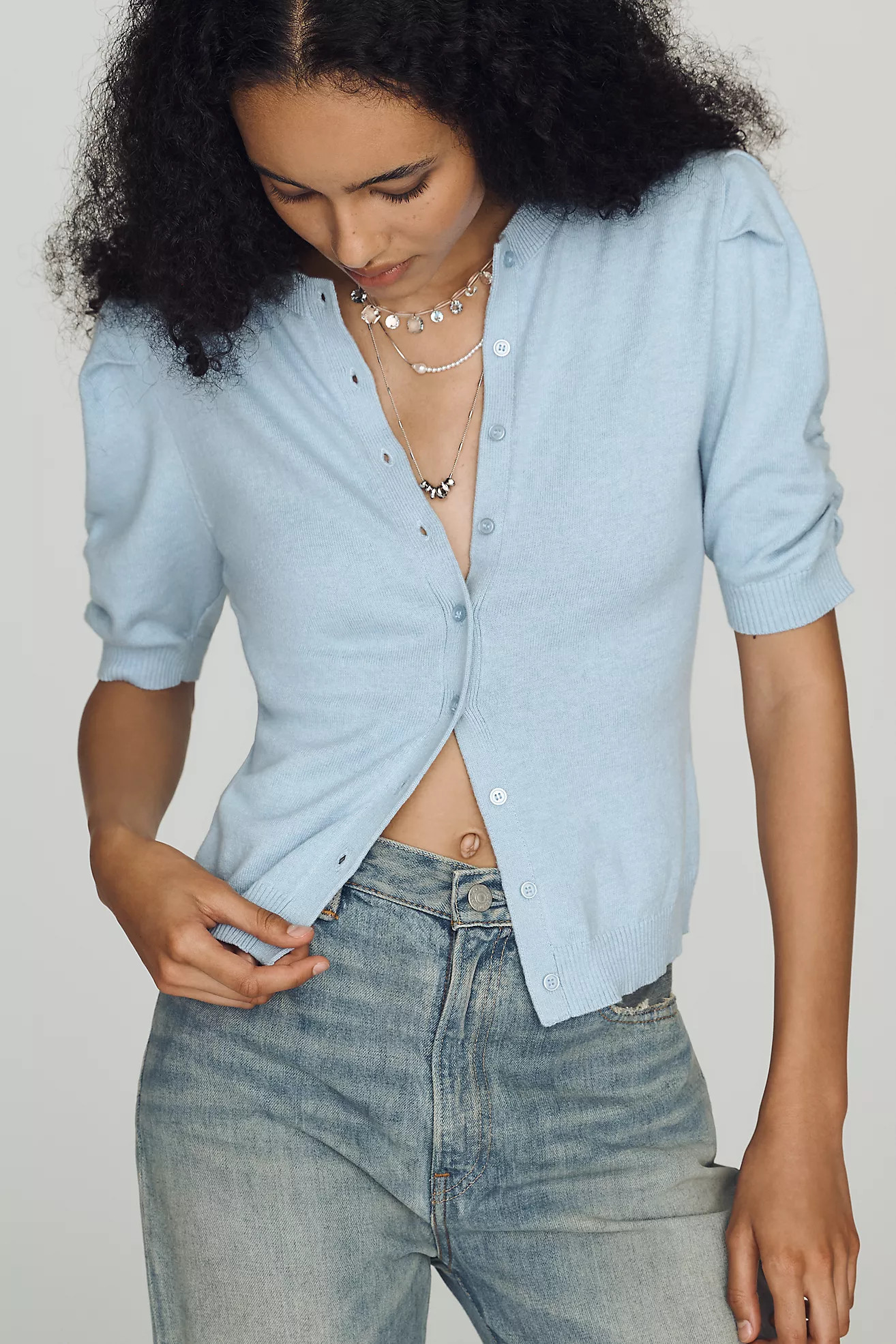 By Anthropologie Cotton Cashmere Puff-Sleeve Crew-Neck Cardigan Sweater | Anthropologie (US)