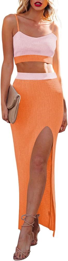 Cutiefox Women's Knit 2 Piece Dress Cami Crop Top High Side Slit Bodycon Long Skirt Set | Amazon (US)