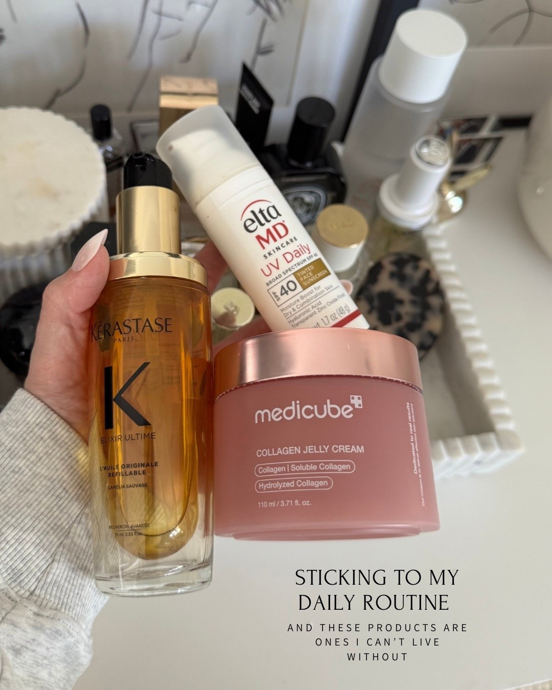 Daily routine beauty must haves - tinted spf, hair oil, medicube moisturizer 

#LTKmomlife #LTKdayinmylife #LTKselfcare