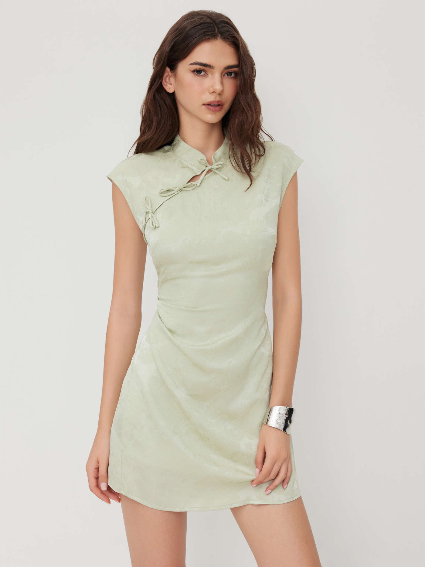 Satin Mandarin Collar Floral Tie Front Ruched Mini Dress | Cider