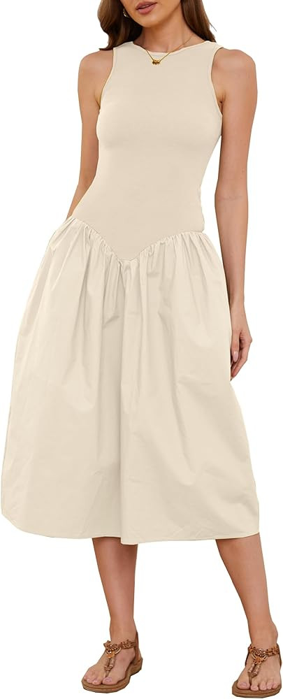 Livtany Women's Sleeveless Slim Fit Midi Dress Drop-Waist Crew Neck Patchwork Dress Ribbed a-Line... | Amazon (US)