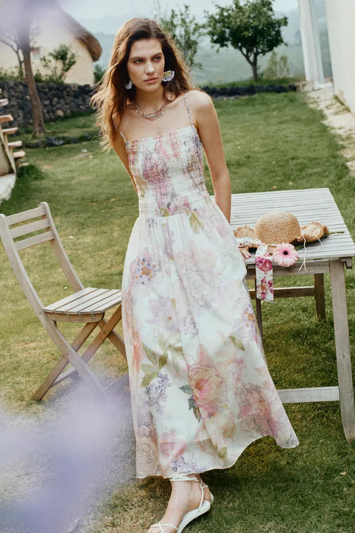 Juile Handworked Floral Prints Strap Dress in Silk Linen Blend | Fabrique