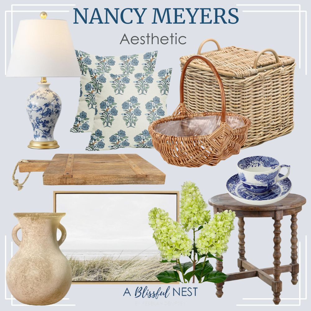 This space feels straight out of a Nancy Meyers movie. Shop now.
Rattan flower basket, rattan rectangular storage basket, artificial hydrangea flowers, blue Italian tea set, wooden end table, wood cheese board, beach framed canvas wall art, blue floral throw pillow, brown glass vintage vase, floral classic table lamp. 

 #LTKHome #LTKFindsUnder50 #LTKFindsUnder100