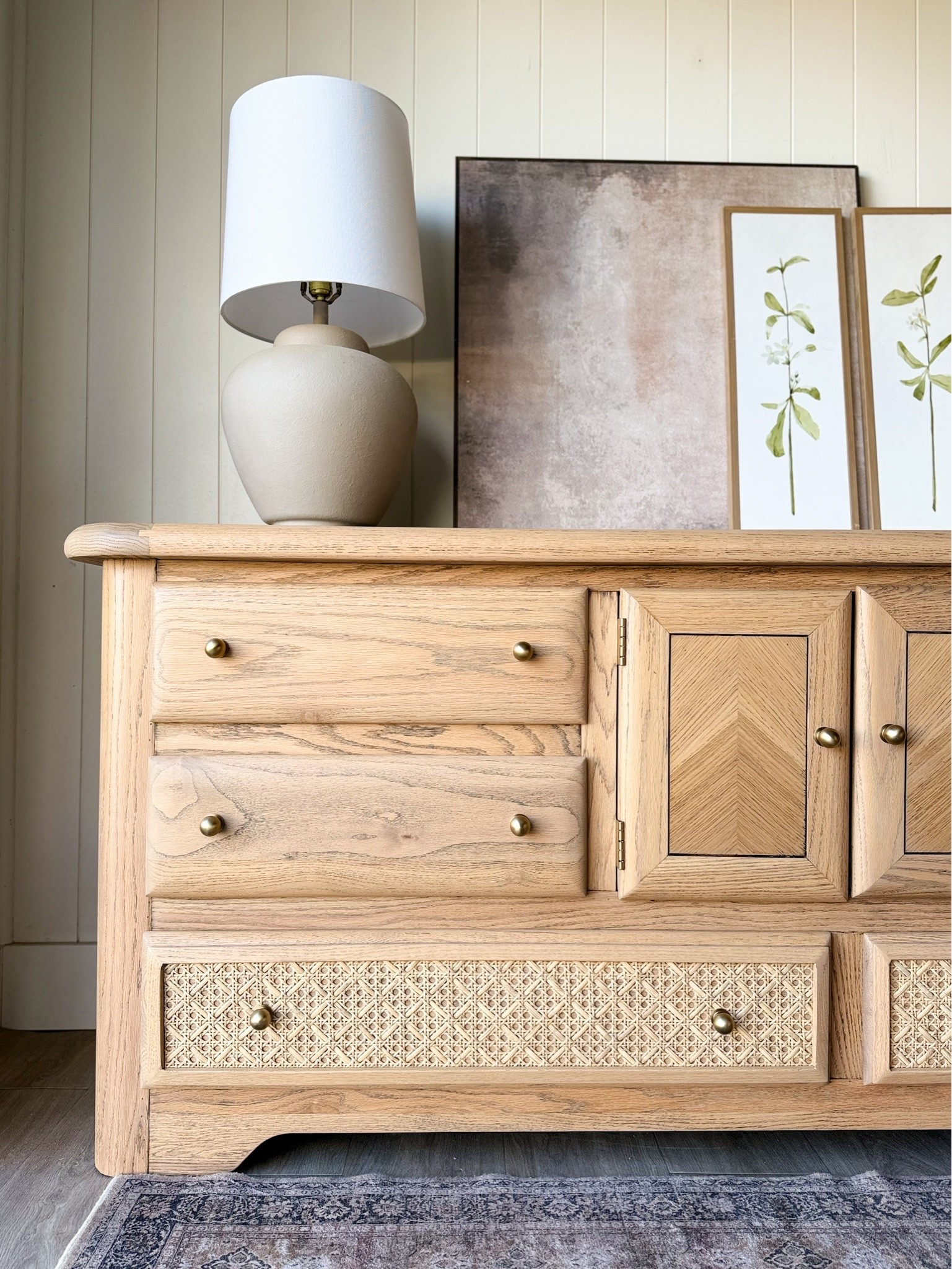 Oak dresser over makeover with cane drawers