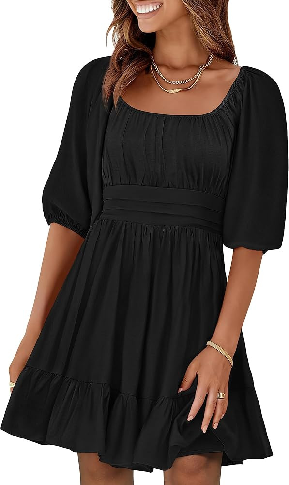 ANRABESS Womens Half Sleeve Mini Dress 2025 Fall Square Neck Casual Flowy Wedding Guest Dresses S... | Amazon (US)