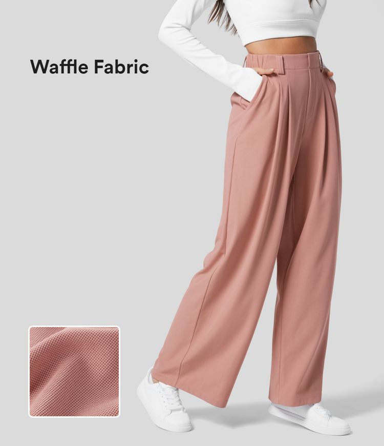 High Waisted Plicated Side Pocket Wide Leg Waffle Casual Pants | HALARA