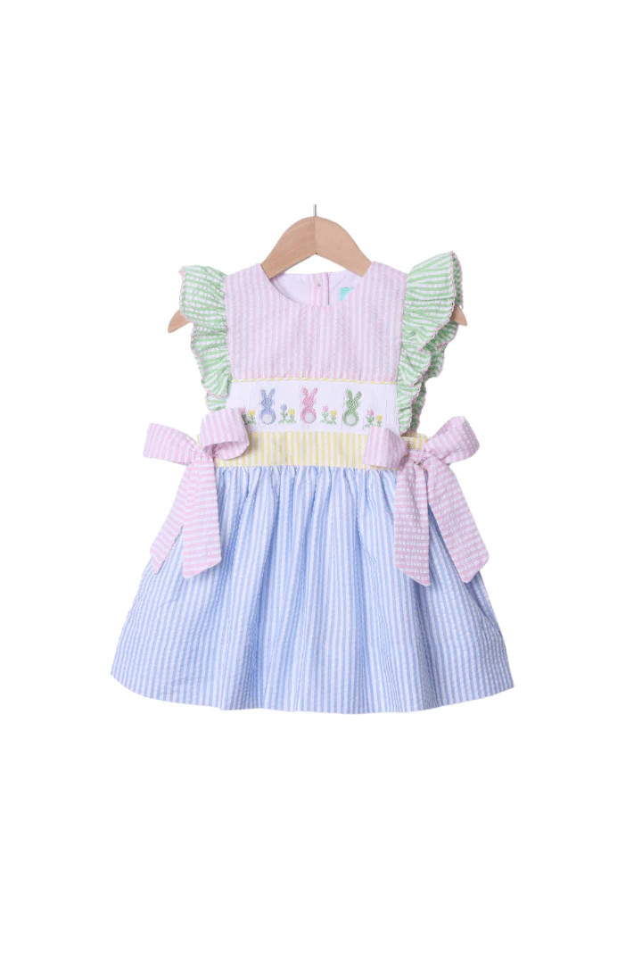 Smocked Seersucker Color Block Bunny Bow Dress | The Smocked Flamingo