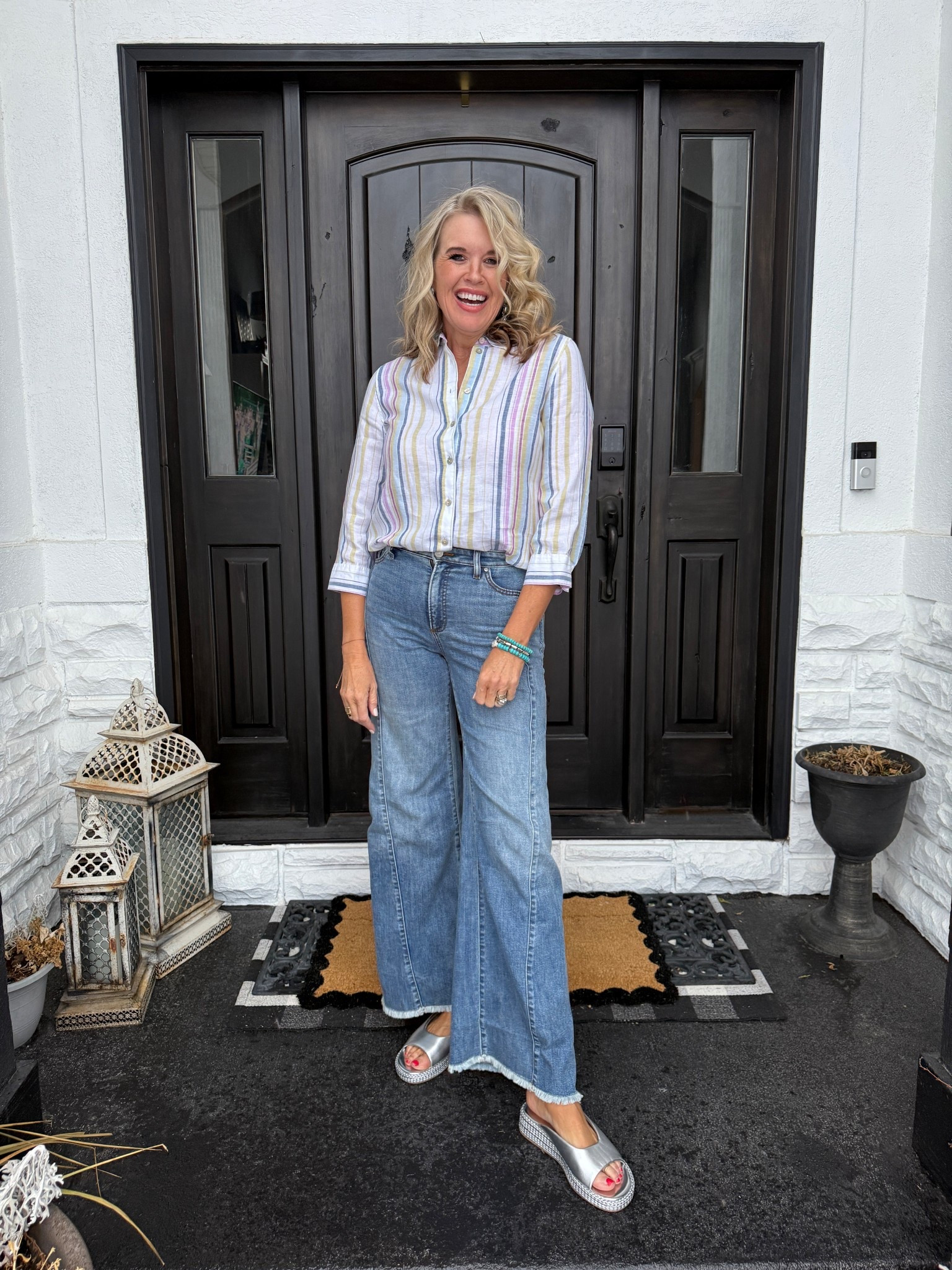 Cute and casual Chicos Spring basics:

The seasons must have linen button up top in this colorful stripe , is a top you’ll wear on repeat.  Fits tts and comes in Dolores as well.

Seam detail denim is all the rage this spring and Summer. This mid rise, wide leg flair has sliming details with a flattering  fit
Fits tts in a Chicos 0 (4) and long enough if your 5’91/2 

Metallics are still strong this season and these silver slides are so comfortable. With cushion souls. 

Paired with silver turquoise drop earrings and stackable bracelets you can mix and match 


#LTKStyleTip #LTKSaleAlert #LTKOver40