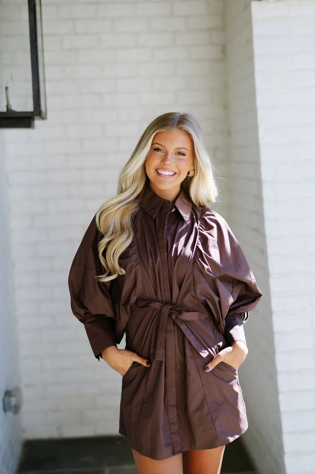 Puff Sleeve Mini Poplin Dress-Brown | These Three