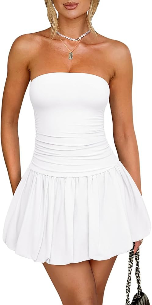 REORIA Women's Tube Top Mini Bubble Dress Sleeveless Backless Sexy Bodycon Ruched Short Dresses P... | Amazon (US)
