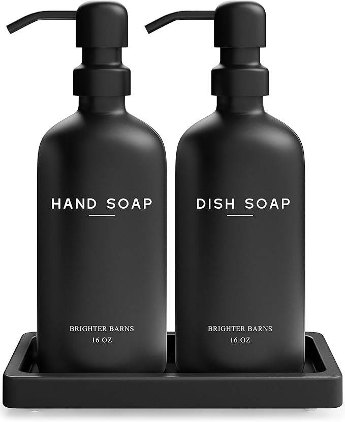 Black Glass Hand and Dish Soap Dispenser Set by Brighter Barns - Kitchen Soap Dispenser Set with ... | Amazon (US)