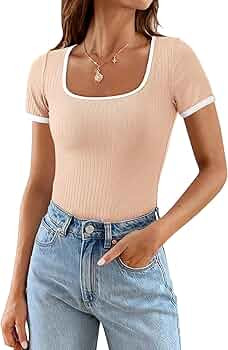 PRETTYGARDEN Womens Summer Short Sleeve T Shirts Ribbed Knit Square Neck Color Block Slim Fitted ... | Amazon (US)