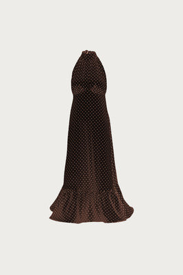 Halter Flounce Midi Dress (Brown Polka Dot) | SAME