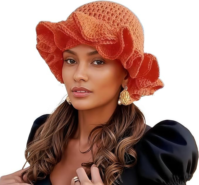 Crochet Bucket Hat for Women Ruffled Brim Knit Foldable Floppy Beach Hat Handmade Woven Fishing C... | Amazon (US)