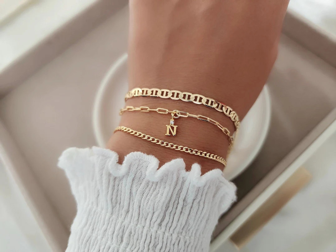 3 Piece Custom 18k Gold Filled Bracelet Set, Initial Bracelet, Gold Layering Bracelet, Dainty Cha... | Etsy (US)