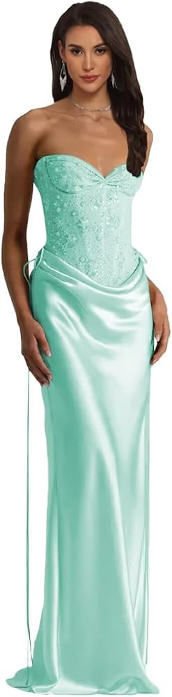 Strapless Mermaid Prom Dress Sequin Beaded Sweetheart Bridesmaid Dresses Satin Bodycon Formal Evening Party Gown | Amazon (US)
