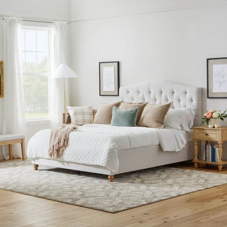 My Texas House Anna Diamond Tufted Upholstered Platform Bed, King, Cream | Walmart (US)