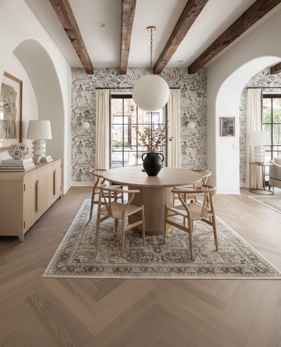 Round wood dining table, wood weave dining chairs, oak console buffet, beige traditional rug, black case, white table lamp. Black Friday 

#LTKSaleAlert #LTKFindsUnder100 #LTKHome