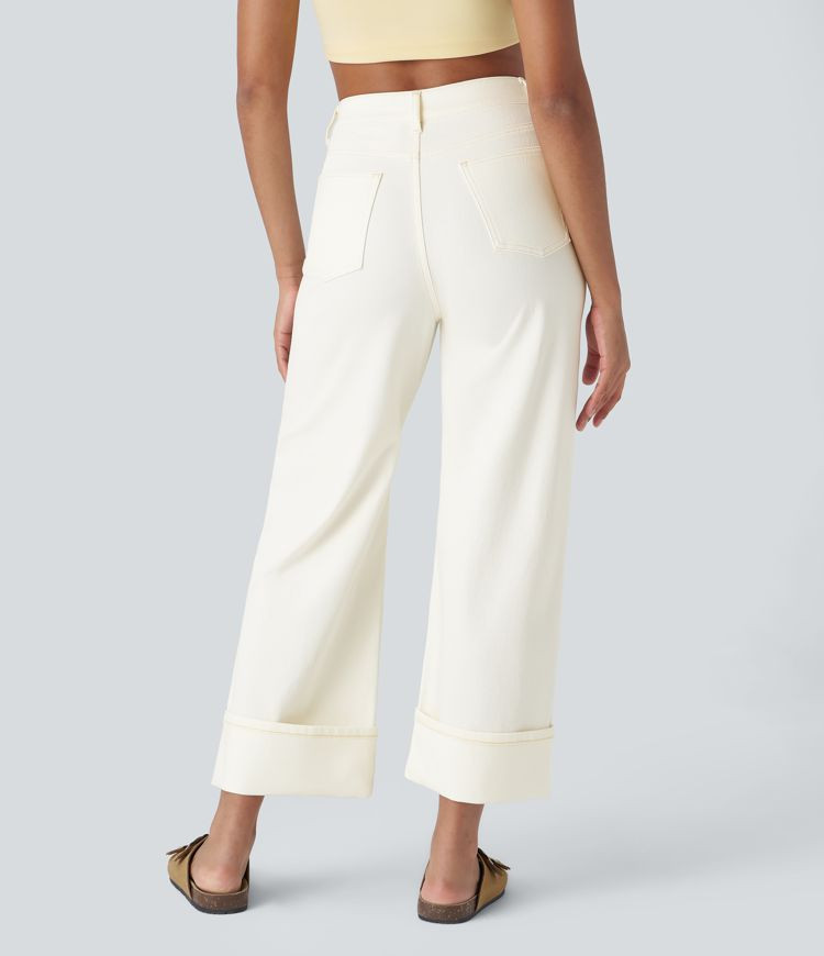 Women’s Halara Flex™ High Waisted Pockets Rolled Hem Wide Leg Washed Casual Jeans - Halara | HALARA