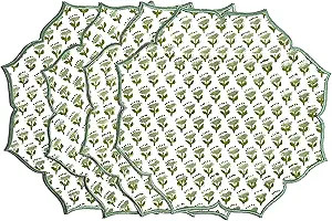 CPC Emerald Green Hand Block Print Cotton Placemat 15x15 Set of 4 Handmade Double Layered, Machin... | Amazon (US)
