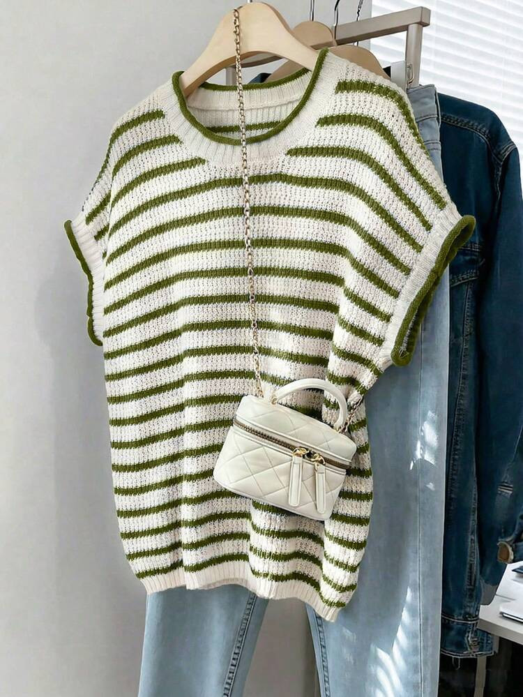 SHEIN Franclia Plus Size Women Spring/Summer Casual Striped Round Neck Short Sleeve Knit Sweater ... | SHEIN