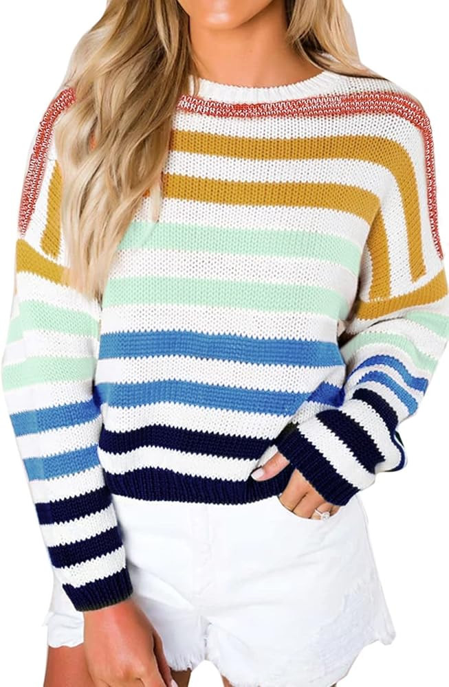 MEROKEETY Women's Crew Neck Long Sleeve Color Block Knit Sweater Casual Pullover Jumper Tops | Amazon (US)