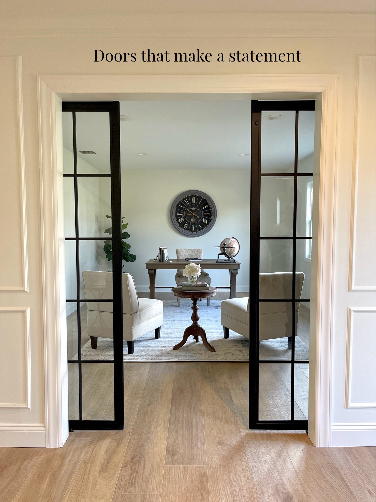 These sliding glass and metal doors were so functional for this space and made a beautiful statement creating a special focal point in this entryway at The Classic Colonial project 🖤

I’ve linked options below and they come in various sizes, too!