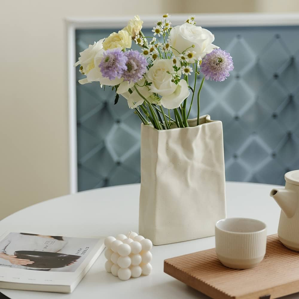 Crinkle Paper Bag Shape Ceramic Vase, Large Capacity for Flower Arrangement, Bookshelf Decorative... | Amazon (US)